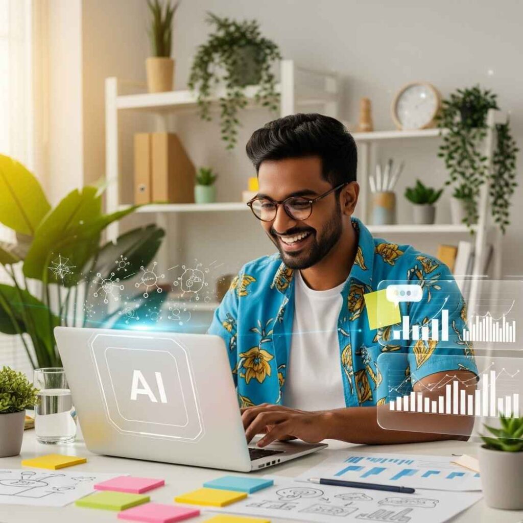 Jeune entrepreneur souriant et épanoui utilisant un ordinateur portable avec des éléments d'IA, symbolisant la productivité accrue, la créativité et la légèreté obtenue grâce à l'intelligence artificielle dans son travail quotidien.