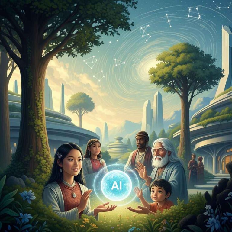 Un groupe de personnes diverses (homme, femme, enfant) se rassemble autour d'une sphère lumineuse marquée 'AI' dans un paysage futuriste et verdoyant, où la technologie se fond dans la nature, symbolisant la convergence de l'IA et de la conscience pour un avenir harmonieux.