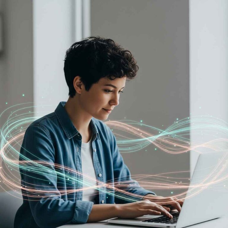 Femme entrepreneure travaillant sereinement sur un ordinateur portable, entourée d'effets lumineux d'IA suggérant le "flow" et une assistance intelligente.