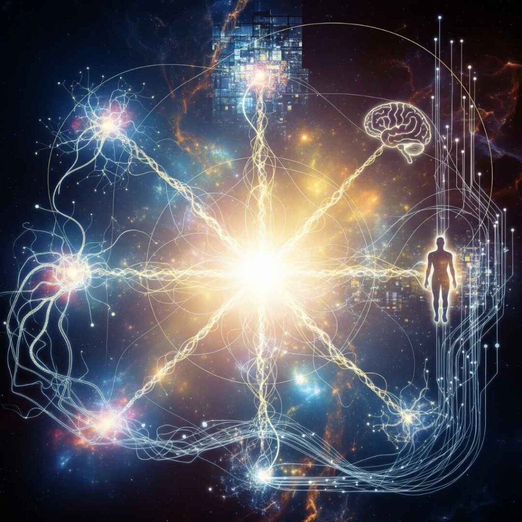 Illustration cosmique abstraite de la conscience universelle, montrant l'interconnexion entre l'esprit humain, le cerveau et la technologie au sein d'un vaste réseau énergétique.