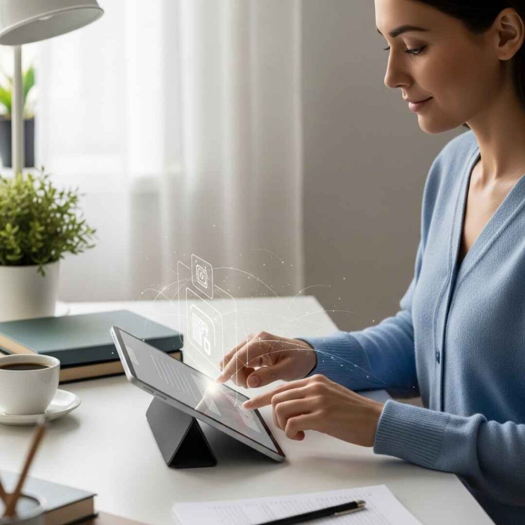 Une femme utilise une tablette pour interagir avec une IA, symbolisant la simplification de la routine quotidienne et la sérénité grâce à la technologie. Son bureau est organisé et apaisant.