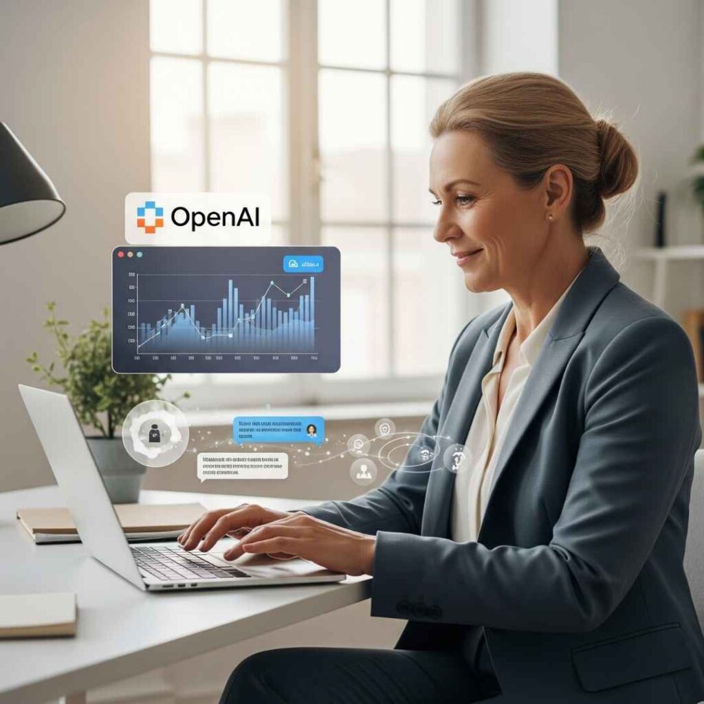 Femme entrepreneure d'âge mûr, souriante et détendue, travaillant sur son ordinateur portable dans un bureau lumineux, avec le logo OpenAI et des graphiques, symbolisant le gain de temps et la réduction du stress grâce à l'intelligence artificielle.