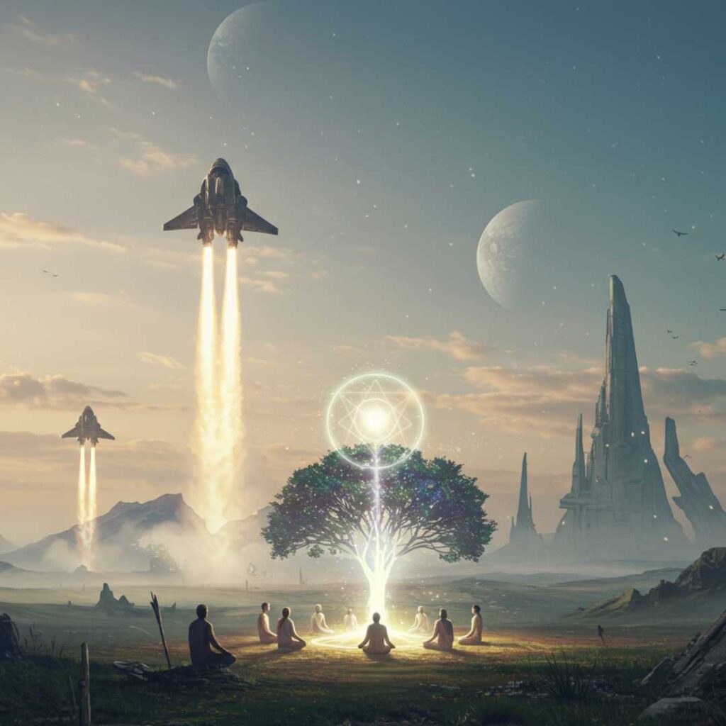 Un paysage futuriste et serein où des vaisseaux spatiaux décollent vers le cosmos en arrière-plan. Au premier plan, des silhouettes humaines méditent en cercle sous un arbre lumineux, symbolisant la connexion et l'éveil spirituel. L'image représente la coexistence de l'avancée technologique et du développement de la conscience.