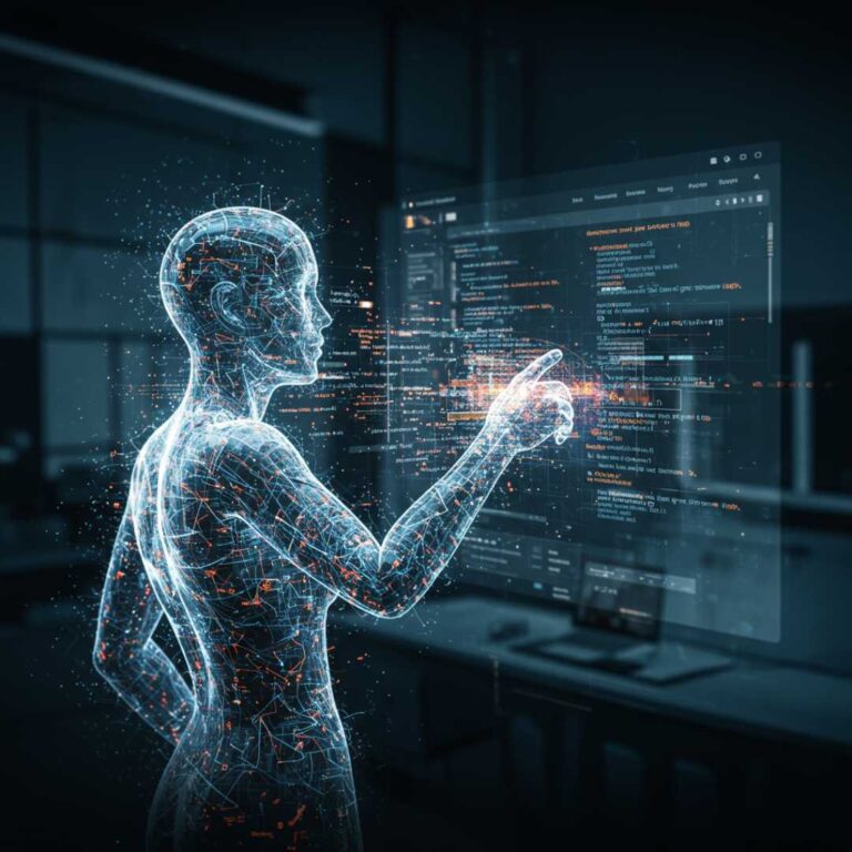 Une entité d'IA éthérée et lumineuse, avec des circuits brillants, construisant sans effort une plateforme d'e-learning moderne et élégante. Du code numérique flotte autour d'elle, symbolisant son expertise en programmation. L'image illustre l'IA comme un architecte numérique.