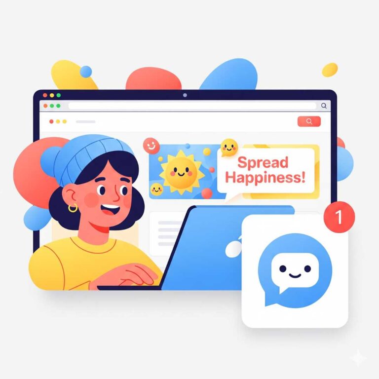 Illustration joyeuse d'un site web moderne avec un chatbot souriant en bas à droite, affichant un badge "1" pour un nouveau message. La scène transmet une ambiance positive et accueillante.