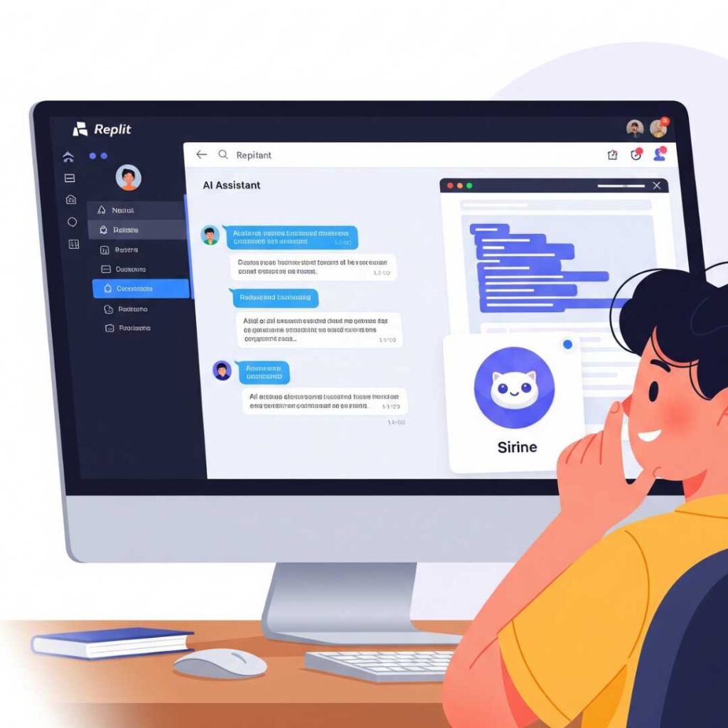 Illustration d'une personne interagissant avec l'interface de Replit, où l'on voit l'agent IA générer du code pour un chatbot nommé "Sirine", avec son icône de panda. L'image représente le processus simplifié de construction d'un assistant IA sans coder.