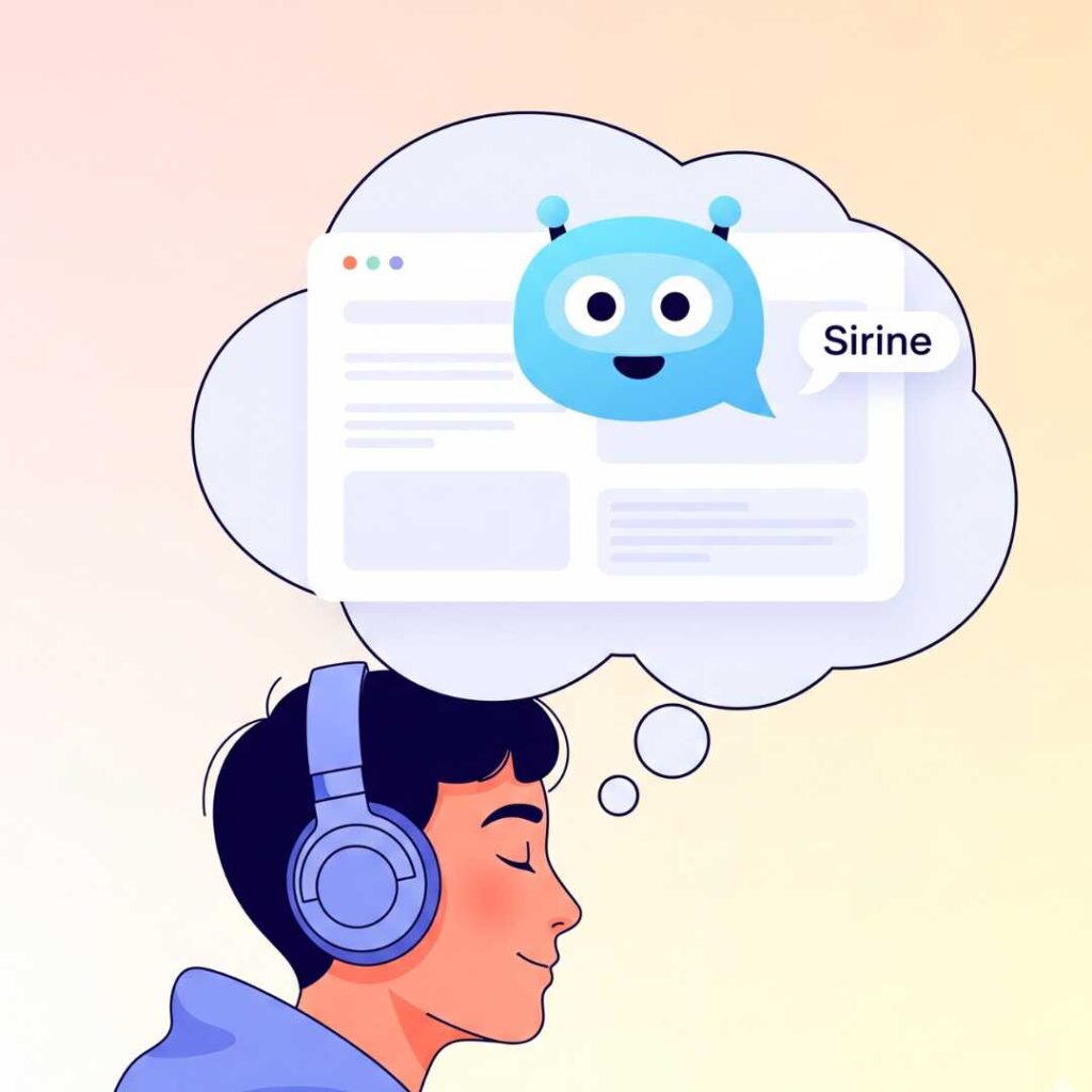 Illustration d'un jeune homme aux écouteurs, l'air pensif et inspiré, avec une bulle de pensée montrant un chatbot souriant nommé "Sirine" sur une interface web. L'image évoque la réflexion et la concrétisation d'une idée d'assistant IA.