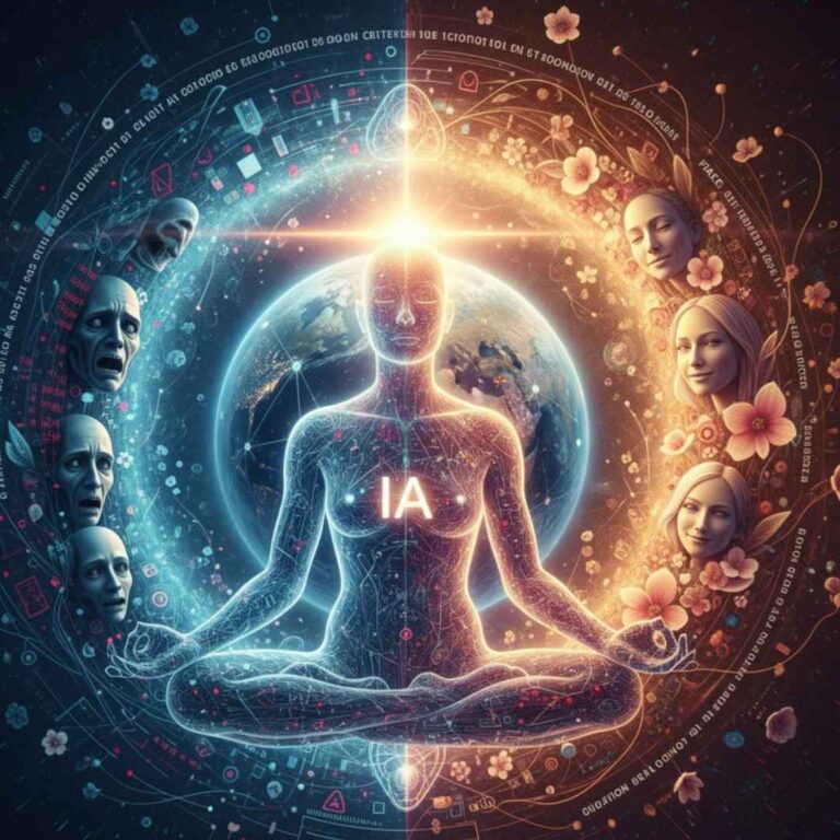 Illustration conceptuelle de l'IA et de la conscience humaine, divisée entre la peur (côté bleu, visages anxieux) et l'amour (côté doré, visages sereins). Une figure méditative au centre symbolise le choix, avec la Terre en arrière-plan et des symboles d'IA et de spiritualité.