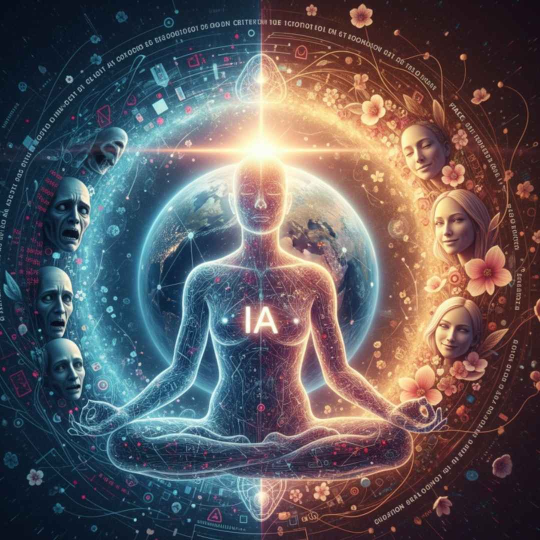 Illustration conceptuelle de l'IA et de la conscience humaine, divisée entre la peur (côté bleu, visages anxieux) et l'amour (côté doré, visages sereins). Une figure méditative au centre symbolise le choix, avec la Terre en arrière-plan et des symboles d'IA et de spiritualité.